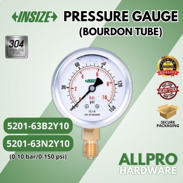 INSIZE Liquid Filled Bourdon Tube Pressure Gauge 5201-63B2Y10 5201-63N2Y10 (Range: 0-10 bar/0-150 psi)